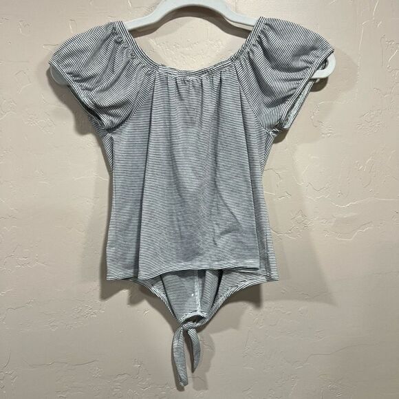 Sky And Sparrow Womens Crop Top White Black Stripe Off Shoulder Front Knot - Picture 3 of 5